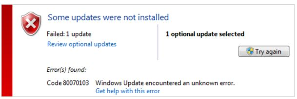 Windows update error 80070103