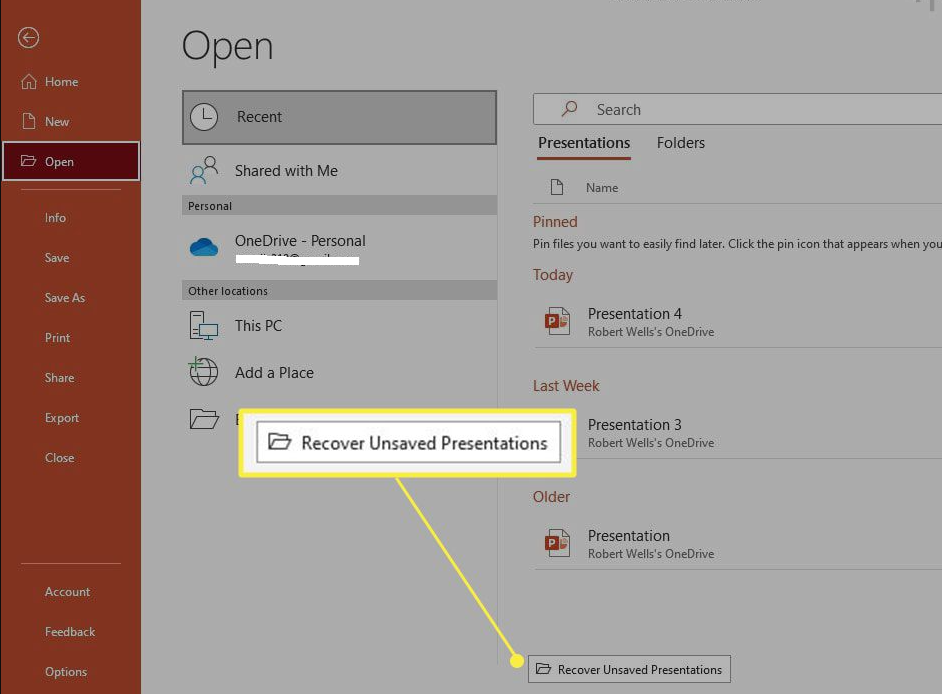 powerpoint, Click Recover Unsaved Presentation