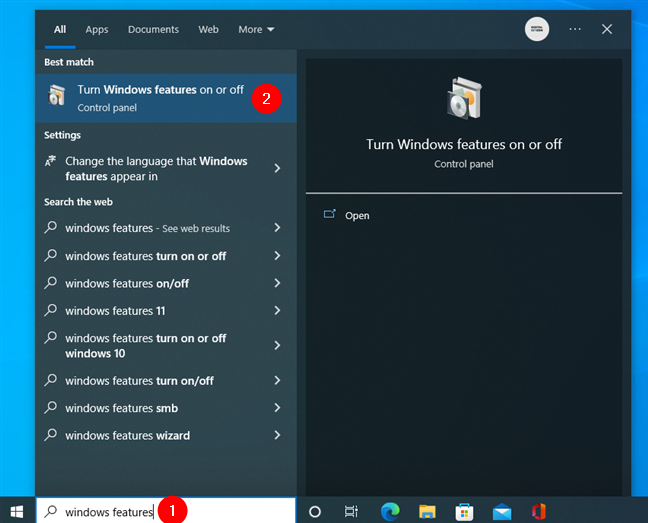 Search Windows Features in task bar