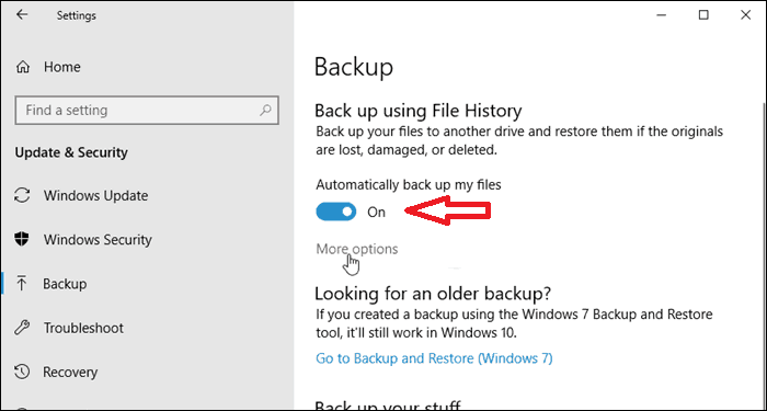 Turn on backup using file history