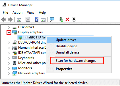 scan for hardware changes-display adapters