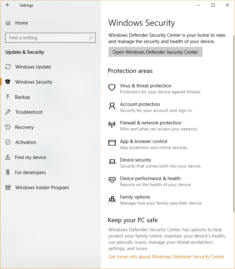 windows defender security center