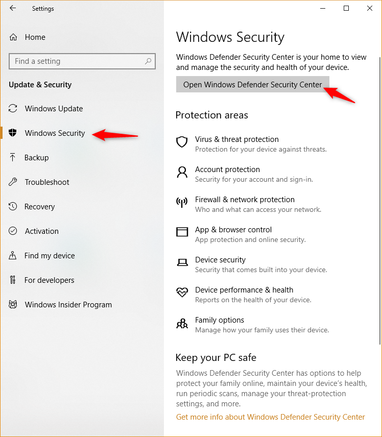 Open Windows Defender Security Center