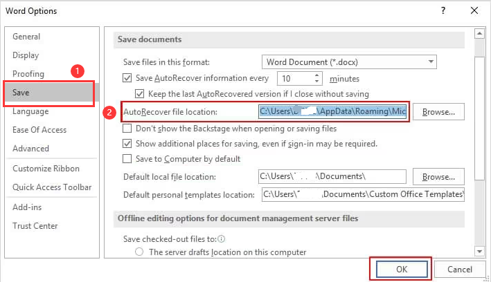 Open Word file options autosave
