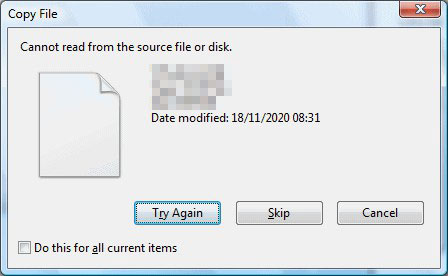 Unable to read source file or disk problem