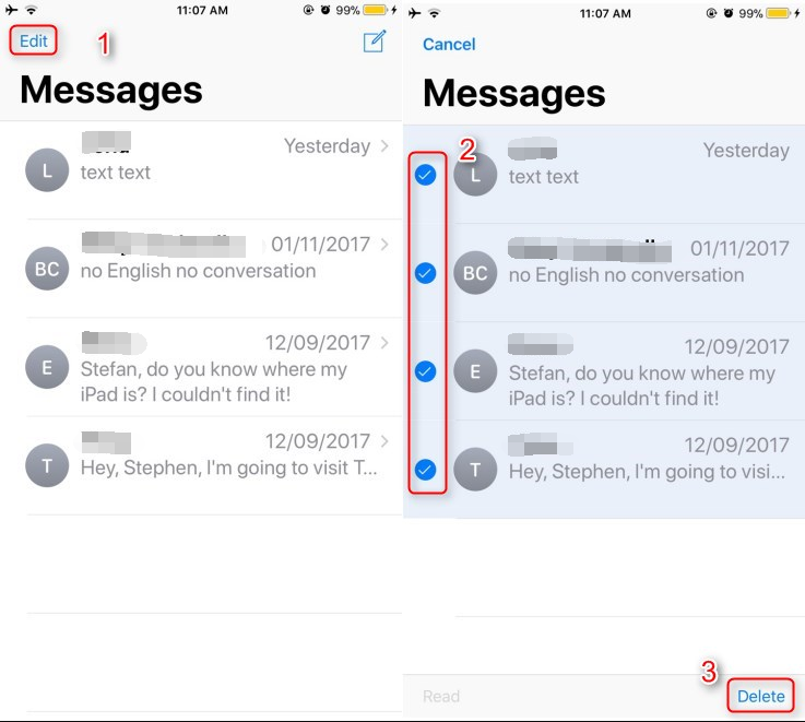 del iPhone Messaggio selezionato