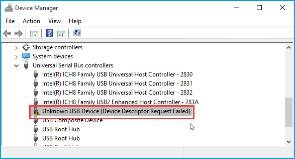 error prompt status of usb device device descriptor request failed