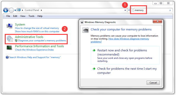 In the control pannel, search box, enter "memory" and click "Diagnose computer memory problems".
