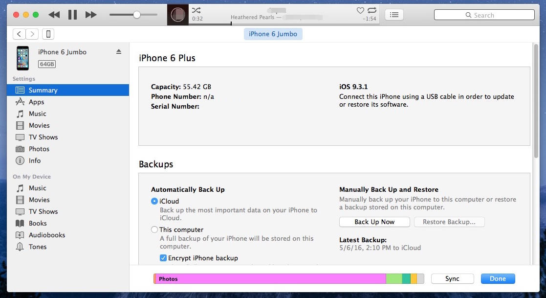 iTunes visualizza le informazioni sul dispositivo