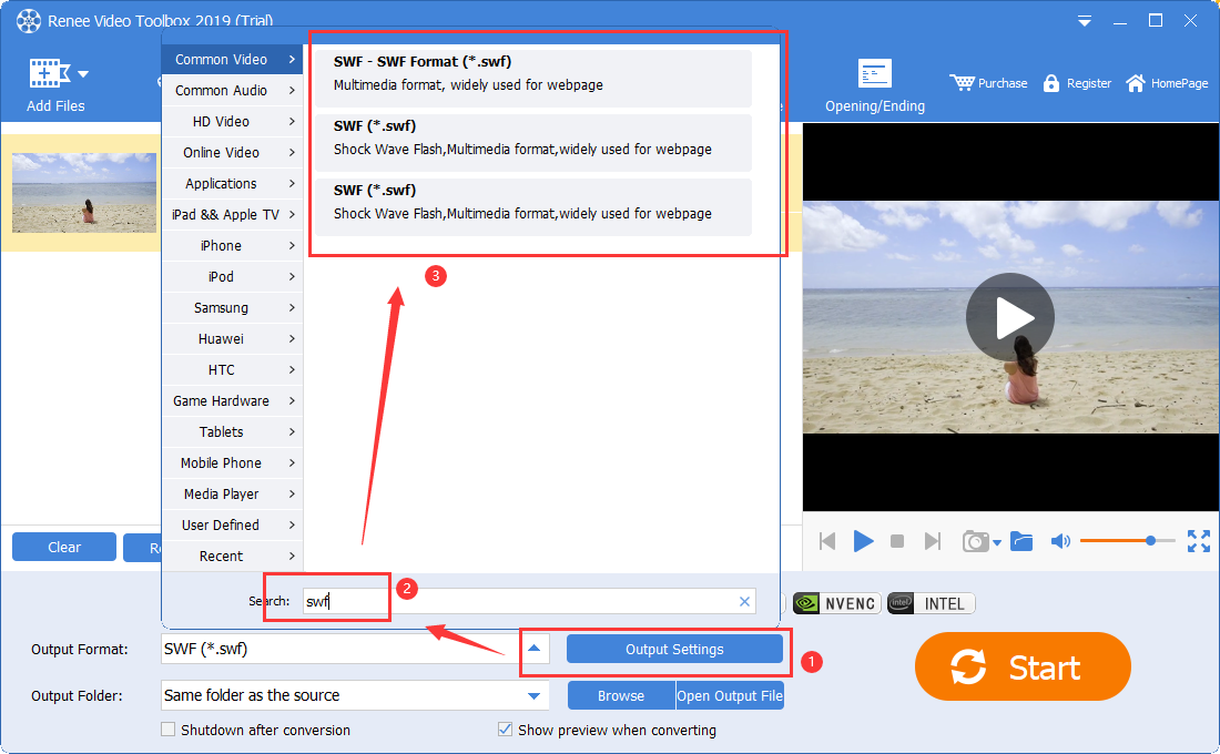 vep, editor video pro: file swf di output