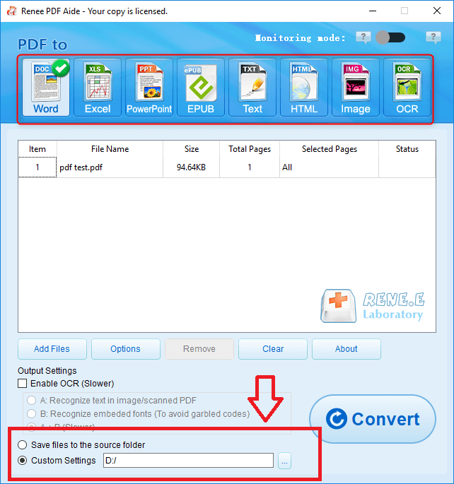 convert to word and select output folder