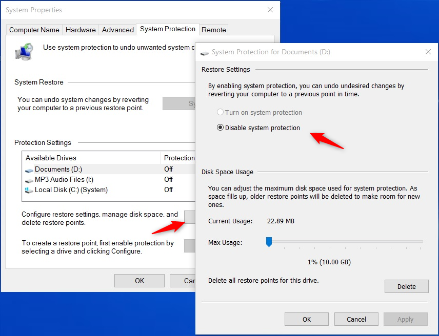 disable system protection windows