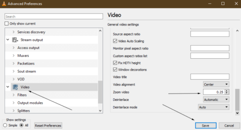 VLC-Videoskalierungseinstellungen