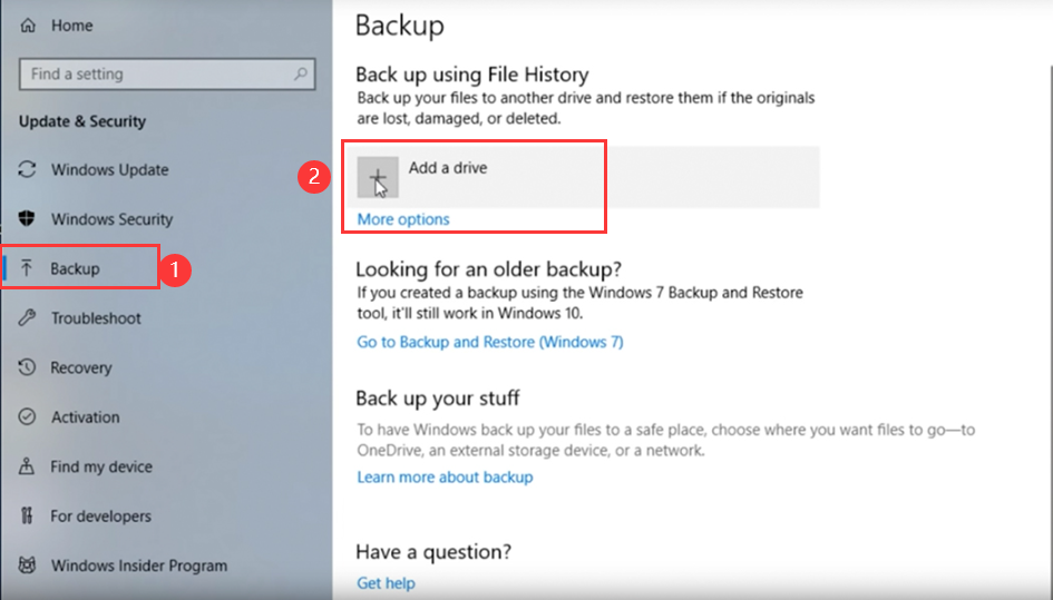 Add drive device, Windows backup