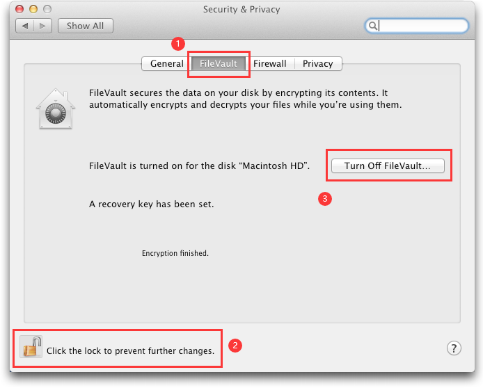 Security and Privacy, mac, turn off fileVault