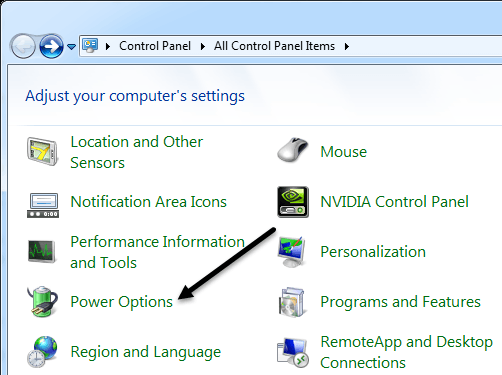 Windows power options