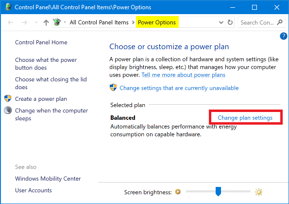 Change power plan settings