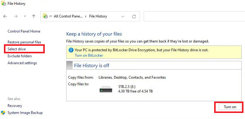 turn on file history