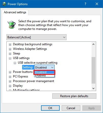 control panel, USB Selective Suspend Settings