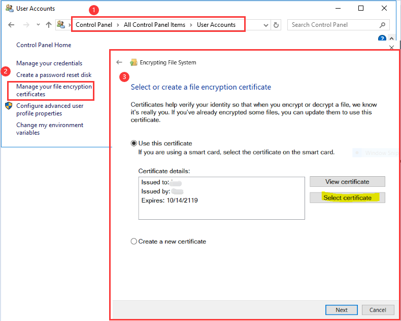 control panel, current account, Manage your file encryption certificates