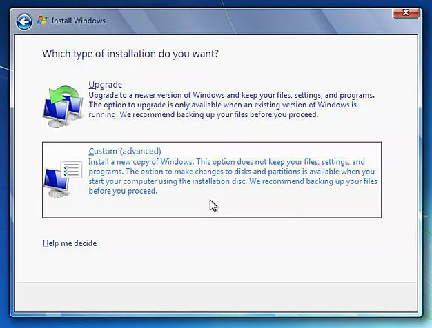type of installation of Windows 7