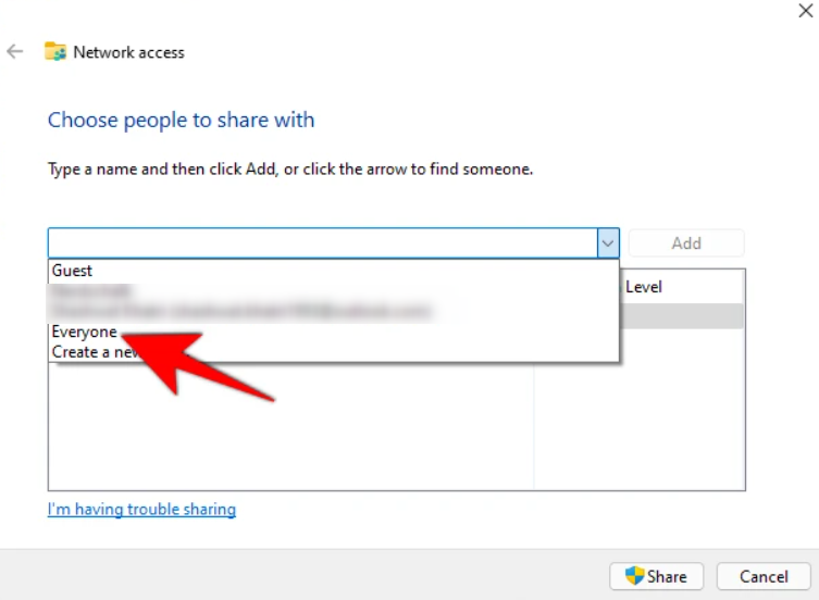 choose people to share with folder