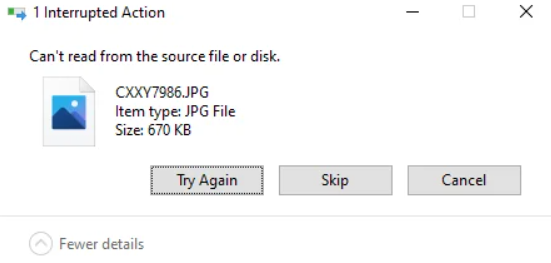 can't read from the source file or disk