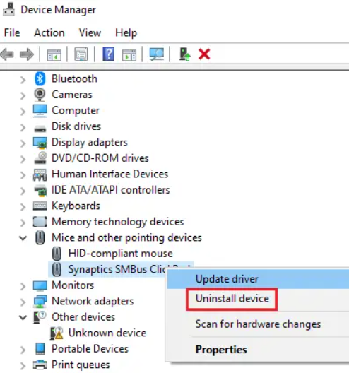 mouse driver uninstall device