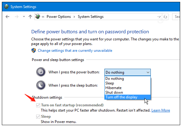 uncheck Turn on fast startup