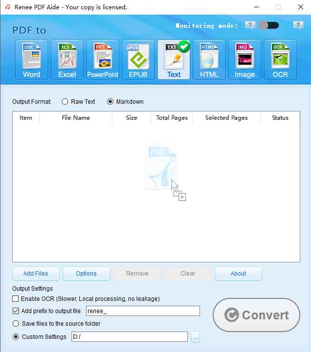 convert pdf to txt or markdown