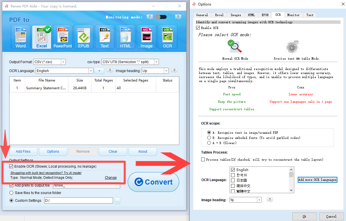 PDF Aide using OCR to convert pdf to excel or csv