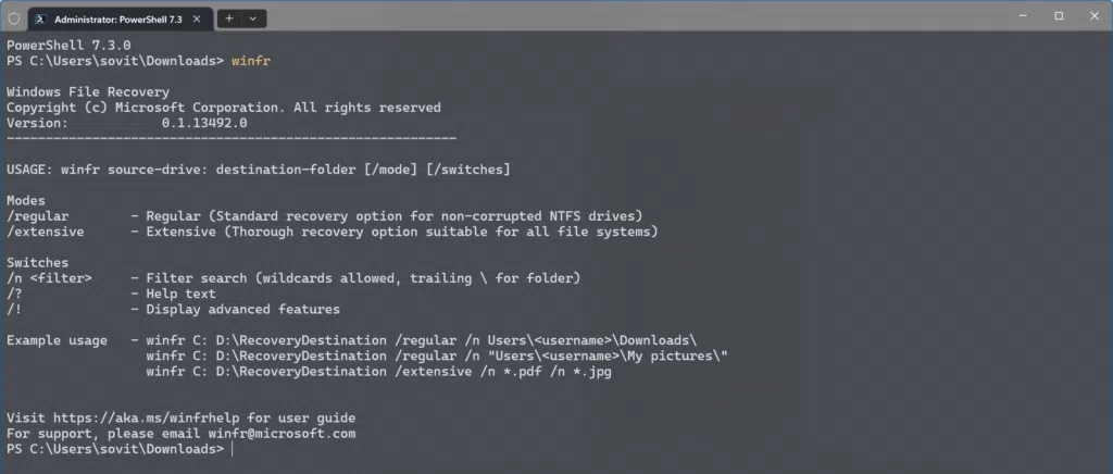 Windows File Recovery command help