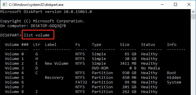 enter diskpart and list volume to check drive info