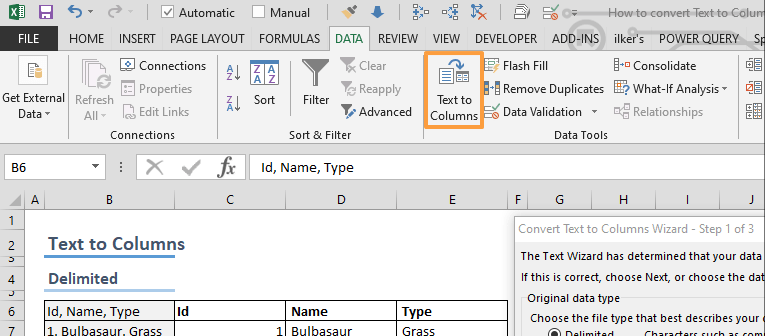 Usar las herramientas de formato de Excel - Texto en columnas