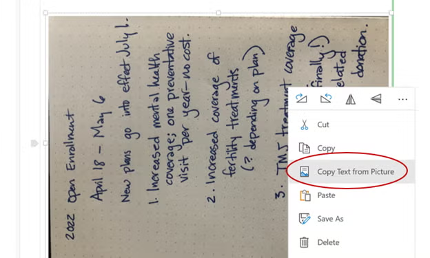OneNote Copiar texto de la imagen