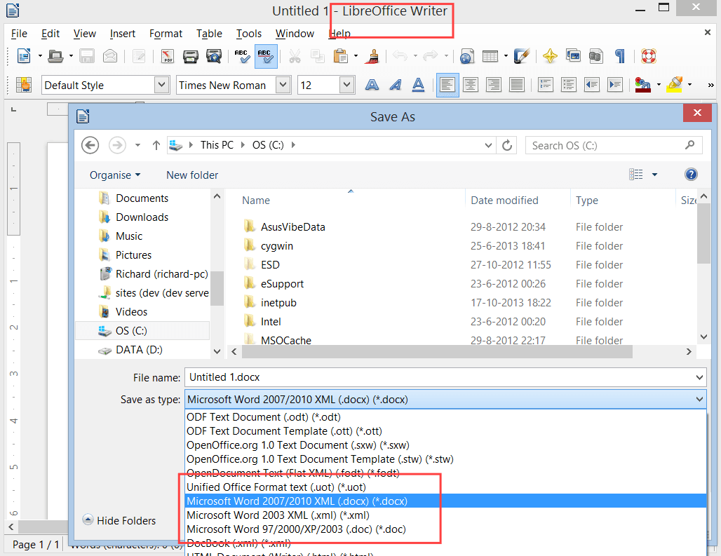 save as docx in libreoffice writer