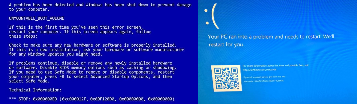 0x000000ED UNMOUNTABLE_BOOT_VOLUME