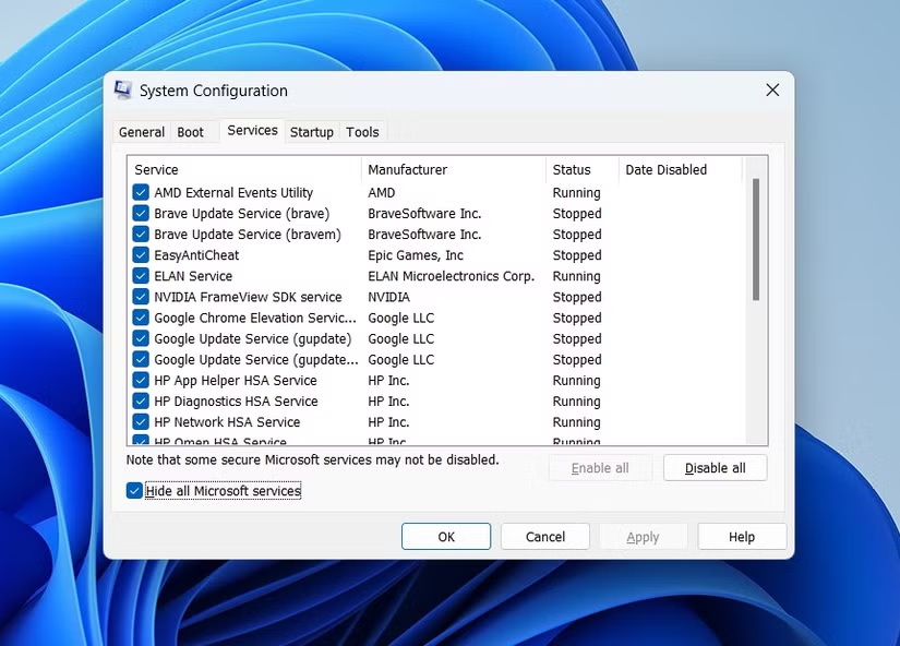 msconfig servicio ocultar todos los servicios de microsoft