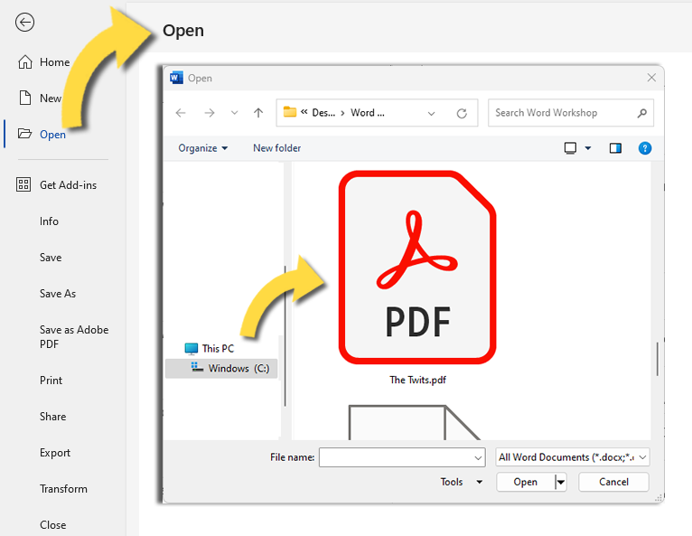 فتح ملفات PDF في Word