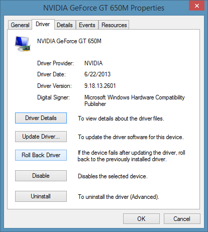 خصائص ويندوز → Driver → Roll Back Driver