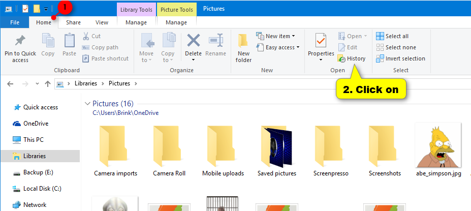 Click on the Home tab, click/tap on the History button in the ribbon