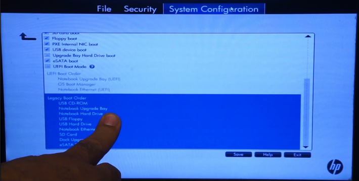 Configurazione avvio BIOS HP