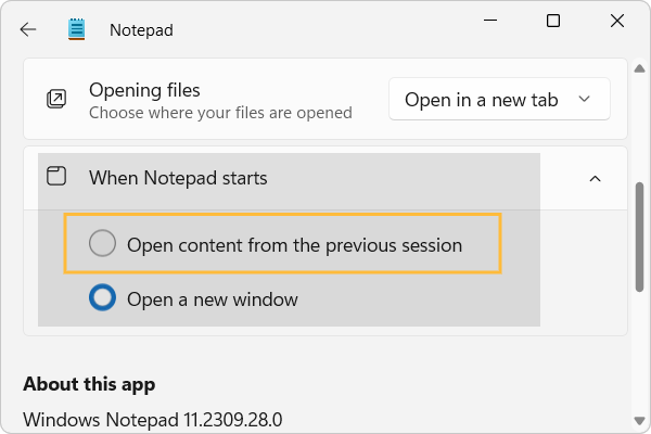 notepad settings Continue previous session when Notepad starts