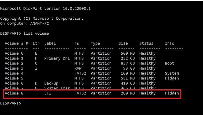 check EFI partition in diskpart