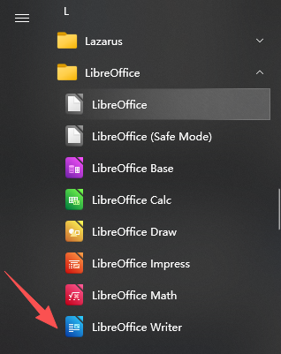 WindowsのスタートメニューでLibreOffice Writerを選択