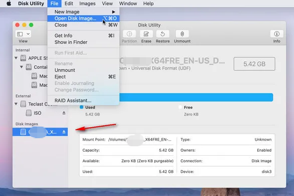 In macOS, use file -> open disk image to load image file