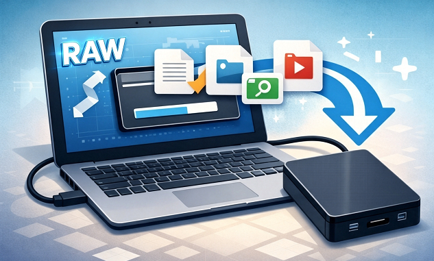 Laptop hard drive with a recovery tool scanning for lost files