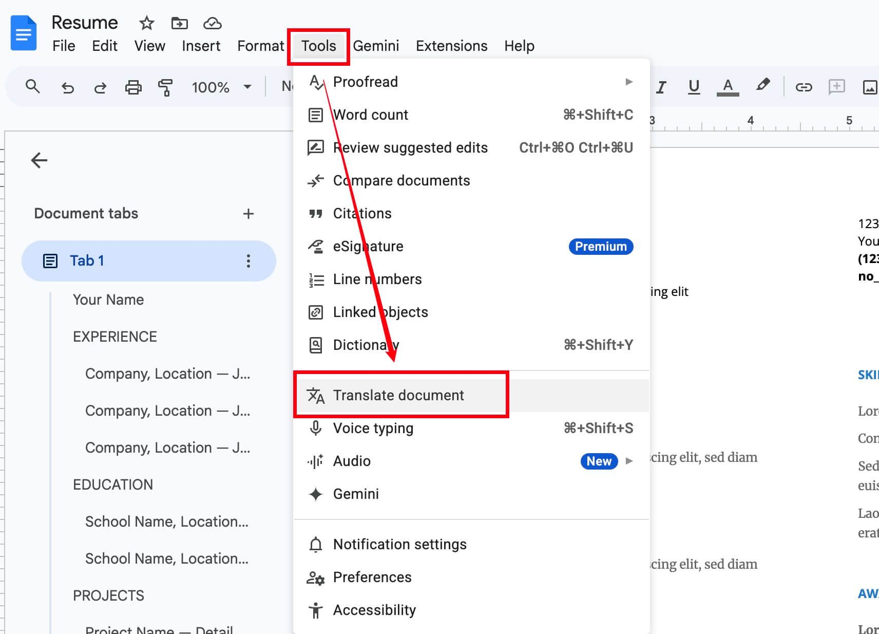 Google Docs, Translate document