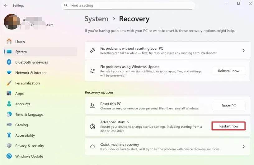 Windows 11 advanced startup restart now