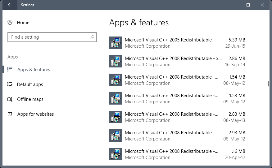 Apps & Features, Microsoft Visual C++ Redistributable